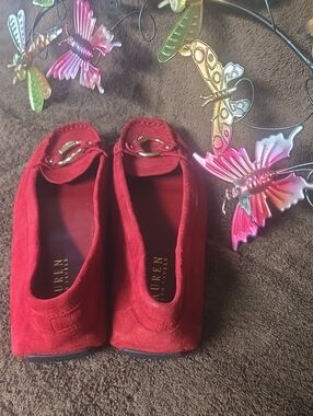 Ralph Lauren Red Suede Loafers with Gold-Tone Buckle.   Sz. 9.5B